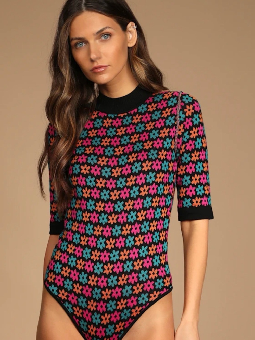 Free People Bodysuit Womens Small  Black Floral Knit Shirt